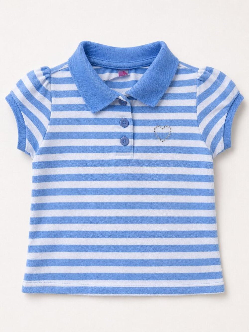 Girls GK Club Blue White Striped Polo Shirt Size 4 S Rhinestone Heart